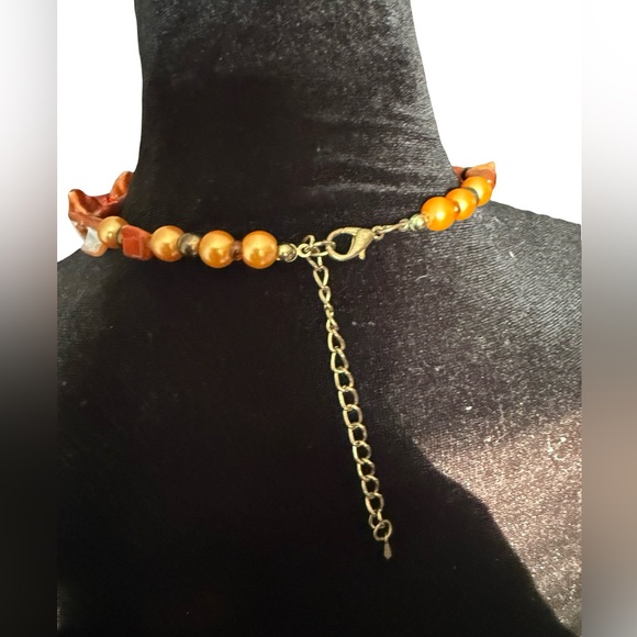 VINTAGE 80s Orange Coral Chip Glass Beads and Pearl Choker Necklace 20” RARE - Picture 2 of 5